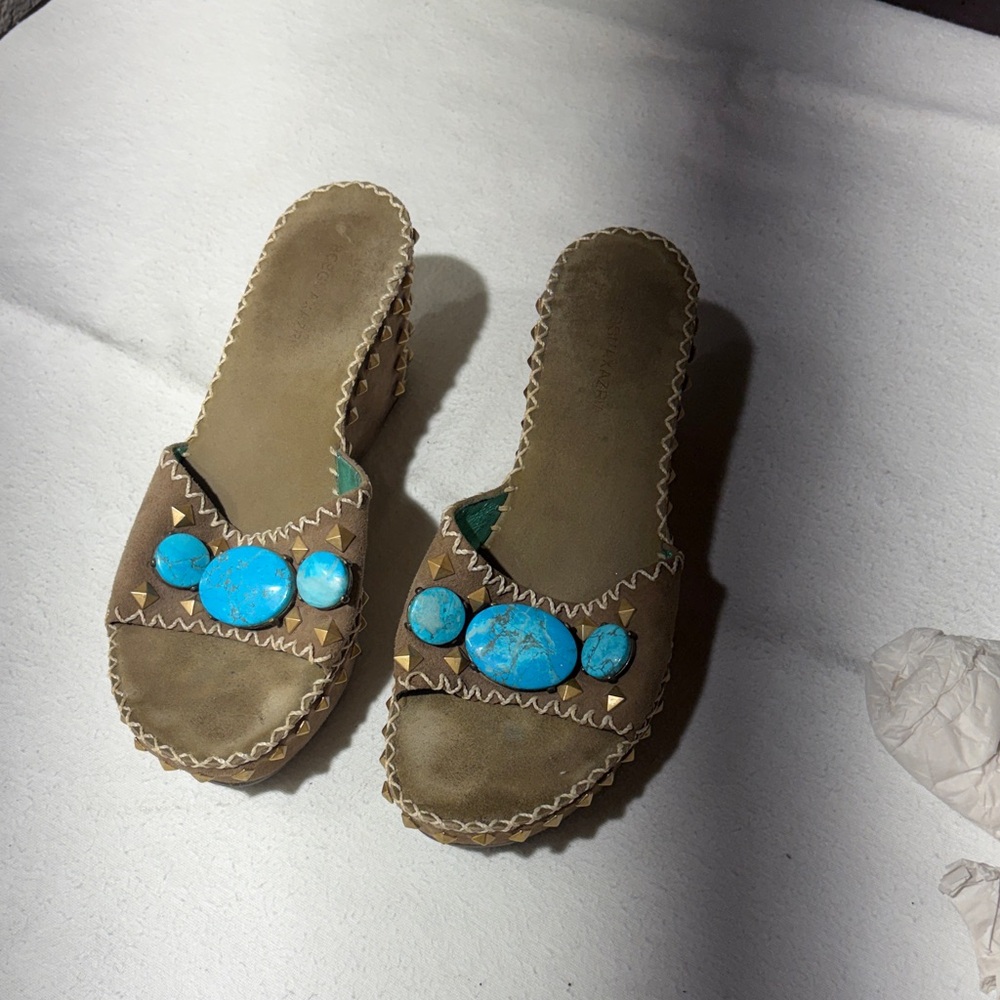 BCBGMaxAzria Brown Suede Mules with Turquoise Accents